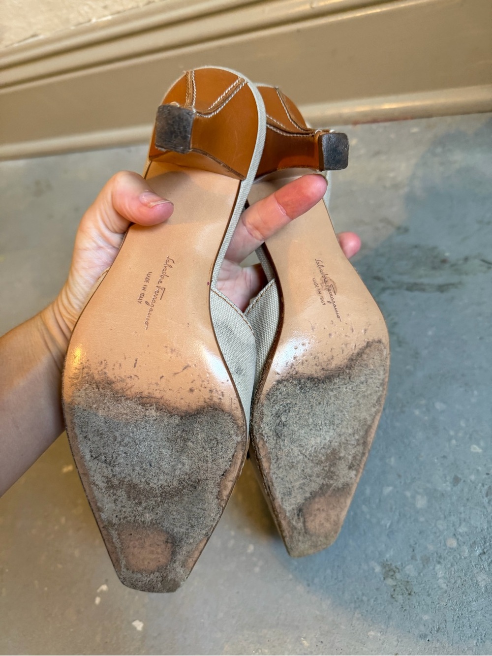 Salvatore Ferragamo Beige Canvas Slingback Pumps with Tan Trim - Picture 6 of 7